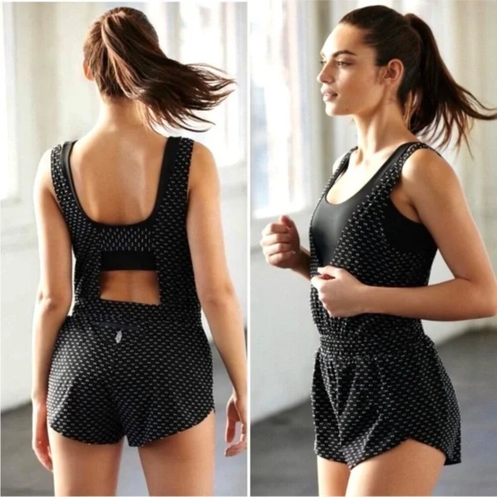 Free People Movement Jog It Off Romper Black Dash AOP Pocket Women's Sz S‎ B34